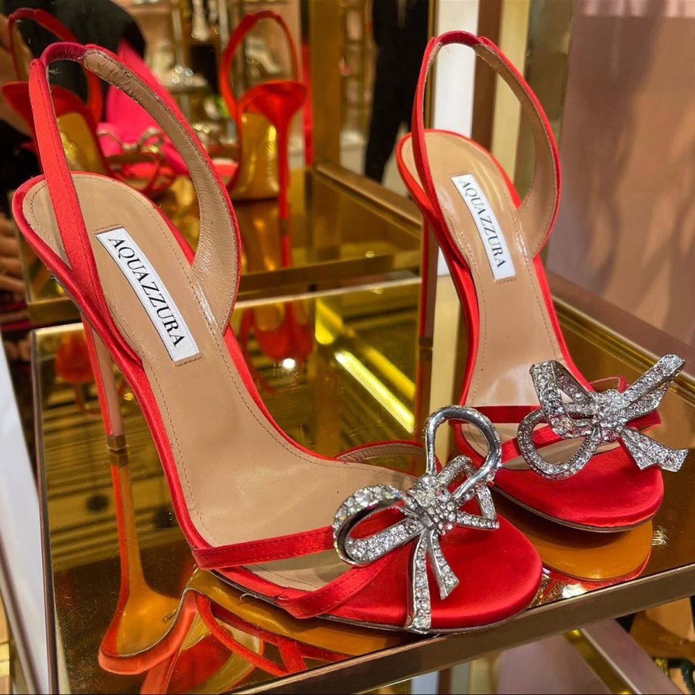 Aquazzura ‘Babe’ Red Satin Sandals with Silver Crystal Bow